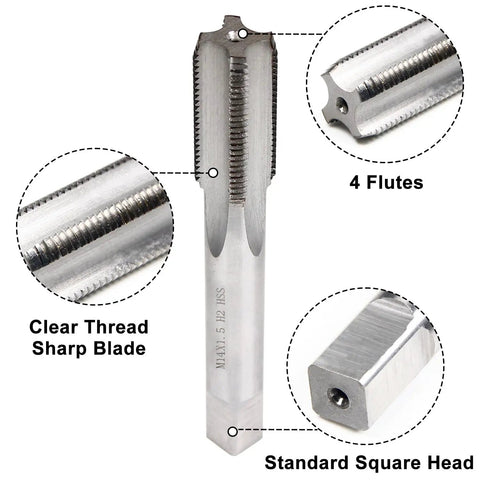 Premium M14 X 1.5 Metric Thread Tap And Die Set In High Speed Steel 6542 showing 4 flutes and clear thread sharp blade
