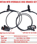 Front view of MT200 MTB hydraulic disc brakes with aluminum alloy, front 800mm hose and rear 1550mm hose