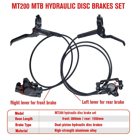 Front view of MT200 MTB hydraulic disc brakes with aluminum alloy, front 800mm hose and rear 1550mm hose