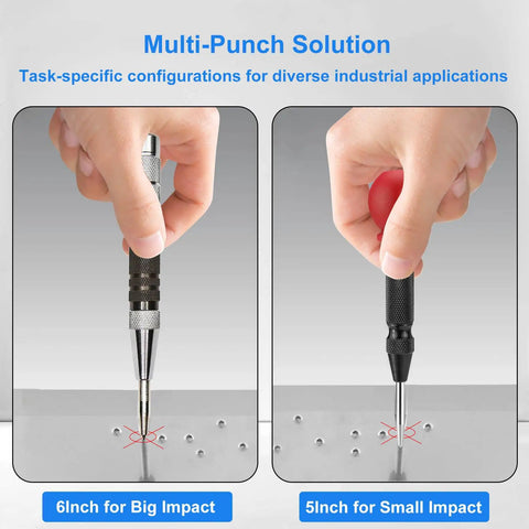 Solid Performer Automatic Center Punch Set With Six And Five Inch Bodies Plus Extra Pins for precise marking on metal.