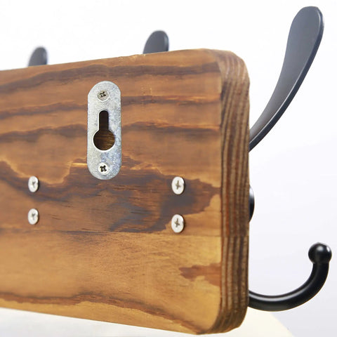 Back view of Rustic Wall Mounted Coat Rack With 16 Inch Stud Spacing Pine Real Wood Plank 5 Triple Hooks Farmhouse Wall Hanger