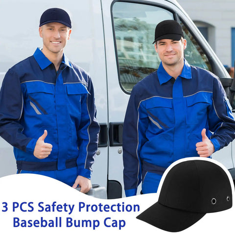 Two men wearing Three Piece Bump Cap Baseball Hat Style Hard Hat Helmet Safety Cap Breathable Lightweight For Men And Women.