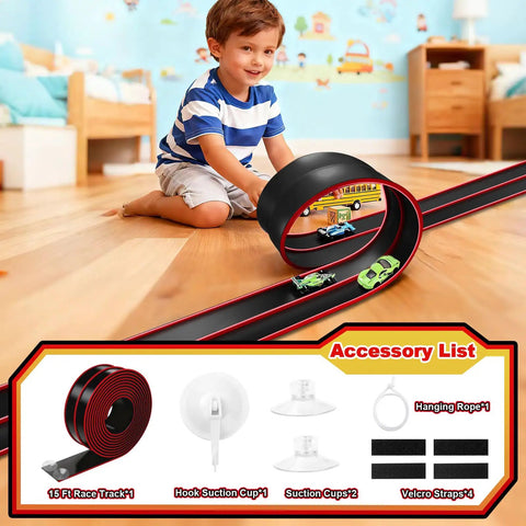 Child playing with Hot Wheels Compatible 15 Ft Flexible Race Track Starter Set With Sturdy Suction Cups Rolls Up Portable Wall Ramp