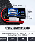 Product dimensions of 2S LiPo Battery 600mAh 7.4V 50C JST Connector for FPV quadcopter and RC models, shown with measurements.