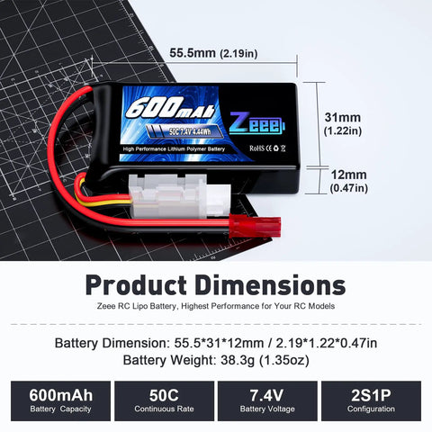 Product dimensions of 2S LiPo Battery 600mAh 7.4V 50C JST Connector for FPV quadcopter and RC models, shown with measurements.