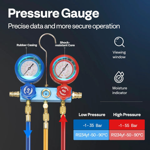 HVAC manifold gauge kit with blue and red dual gauges, brass fittings and colored hoses