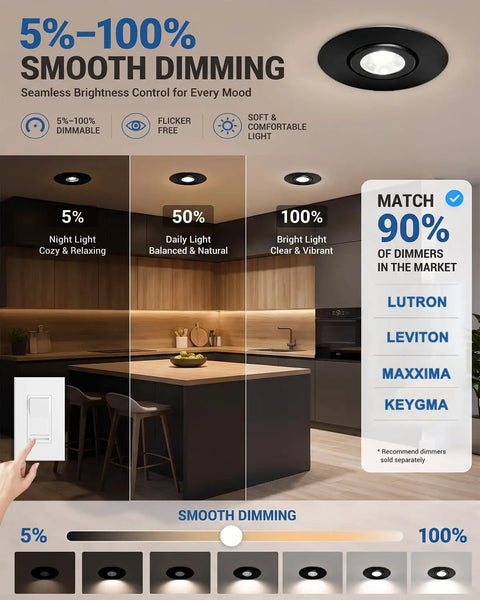 Sublimation 2 inch 5CCT Gimbal Led Recessed Lights, 360° and 30° Rotatable Adjustable Eyeball Downlight, Waterproof recessed Lighting for Shower, 6W Dimmable Can Lights with Jbox, Black, ETL (12 Pack) showcasing smooth dimming settings in a modern kitchen.