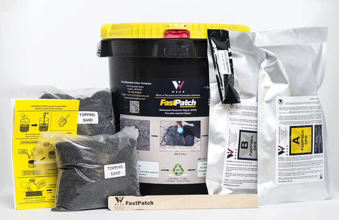 Pourable Asphalt Repair Kit 5 Gallon Polymer Patch Black For Quick Traffic Ready Repairs with all included materials visible