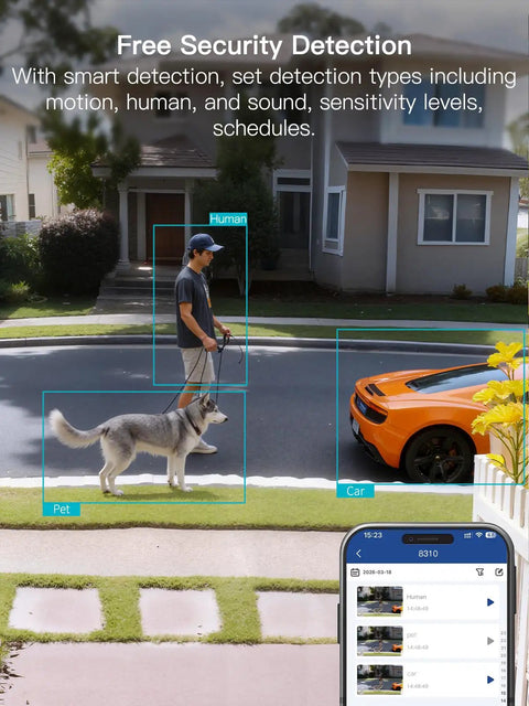 Spotlight Security Camera 2.5K 4MP Indoor Outdoor Wired Plug In With 2.4G WiFi detects human, pet, and car on street.