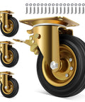 Heavy Duty 6 Inch Casters Set Of 4 With Dual Locking Brakes Badass 2600 LB Capacity Industrial Rubber Wheels Smooth Rolling For Tool Carts And Workbenches close-up of gold locking caster wheel with rubber tire