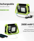 Portable LED Work Light 20W Rechargeable Flood Light with Built-In Power Bank showcasing dual USB connections