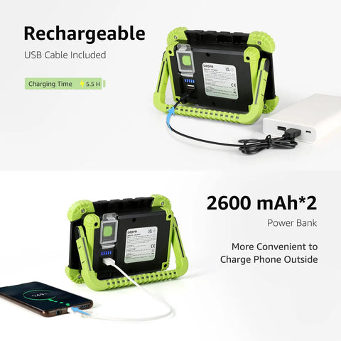 Portable LED Work Light 20W Rechargeable Flood Light with Built-In Power Bank showcasing dual USB connections