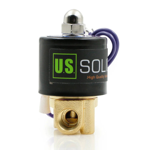 Front view of U.S. Solid 1/4-inch brass electric solenoid valve, 12V DC, black coil, purple wires