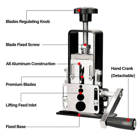 Heavy Duty Wire Stripper Machine For Scrap Copper, Drill Powered Hand Crank Cable Stripper, showing labeled parts and hand crank.