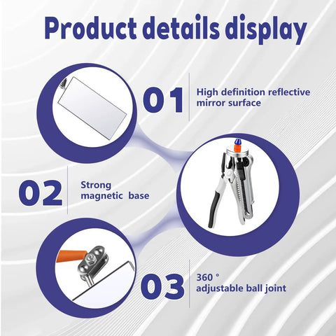 One-Piece Long Reach Inspection Mirror Kit With 17.5-Inch Arm, Dual Mirror Heads, 360-Degree Rotating Welding Mirror, Magnetic Base And Adjustable Mount For Automotive Repair And Mechanical Maintenance, close-up of mirror, magnet, and ball joint
