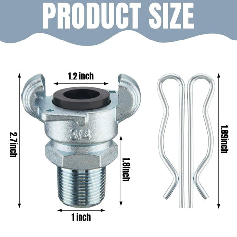 Four Pack 3/4 Inch Chicago Style NPT Iron Air Fittings with 2 Lug Universal Couplings, safety locks shown with dimensions