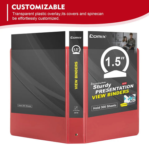 Front view of Dope 1.5 Inch 3 Ring Binder Set With Clear View Covers Holds 300 Sheets Of US Letter Paper Customizable Spine And Covers Multipocket Red 6 Pack