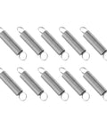 Premium Grade 304 Stainless Steel Extension Springs 10 Pack Featuring Dual End Hooks And Slim .02 Inch Wire Diameter in silvery gray.