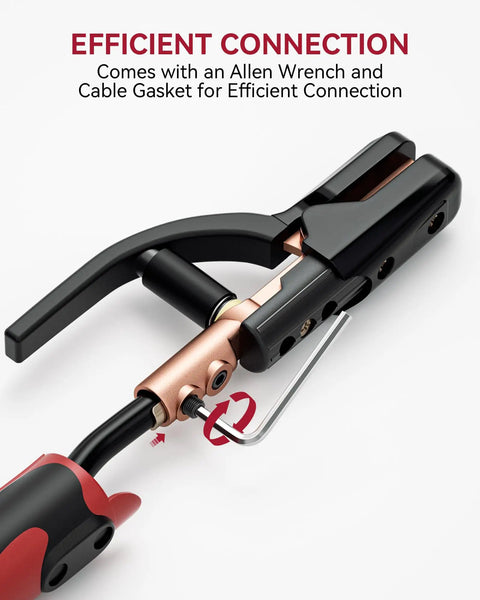 500 Amp Welding Electrode Holder with Strong Bite, high copper content, durable insulated handle, and Allen wrench for connection