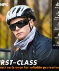 Six Pack Safety Glasses ANSI Z87.1 Plus UV Protective Eyewear Impact Resistant Anti Scratch Lenses For Men And Women Lightweight Sleek Design All Day Comfort Slick Style, cyclist wearing on a sunny day.