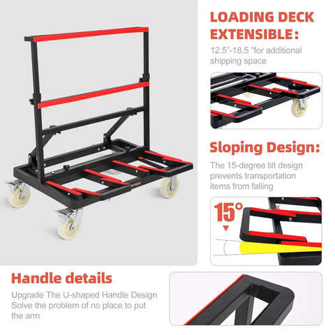 Upgraded Pro Grade Drywall Cart Dolly 2400 Lb Capacity with 6 Inch Nylon Wheels showing loading deck and sloping design