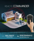 Two Pack G3T R Remote Replacement For Genie Garage Door Opener With Auto Seek And Easy To Pair Rolling Code FCC Certified And Three Year Warranty Great For DIY Projects And Quick Replacement In Busy Homes And Garages shown with house and hand using remote.