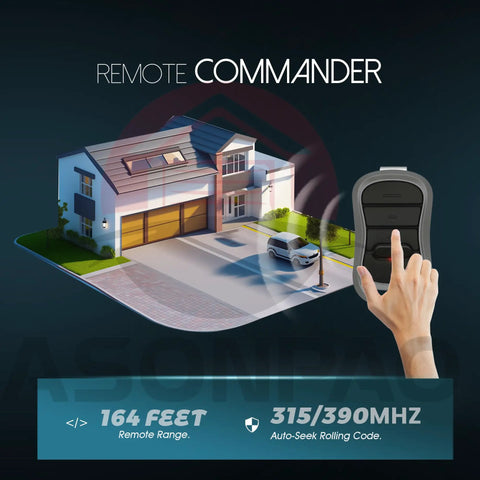 Two Pack G3T R Remote Replacement For Genie Garage Door Opener With Auto Seek And Easy To Pair Rolling Code FCC Certified And Three Year Warranty Great For DIY Projects And Quick Replacement In Busy Homes And Garages shown with house and hand using remote.