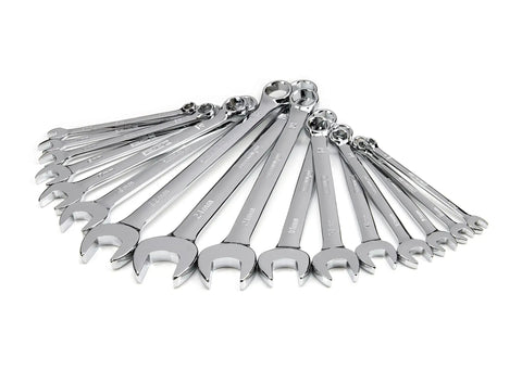 16-Piece Metric 6-Point Wrench Set With Full Polish Chrome Finish, arranged in a fan layout, chrome vanadium steel