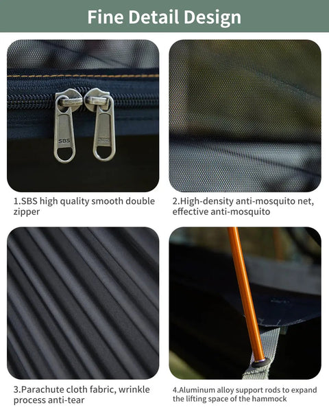 Close-up of 3 in 1 Camping Hammock Tent with Mosquito Net and Sunshade, showcasing zipper, netting, fabric, and support rods.