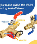 Heavy Duty 3/4 Inch Tankless Water Heater Valve Kit With Pressure Relief Valve And Full Port Ball Valves For Gas Plumbing Lead Free Brass No Sweat Setup Real Deal Performance 20 Pack showing brass valves with on/off modes.