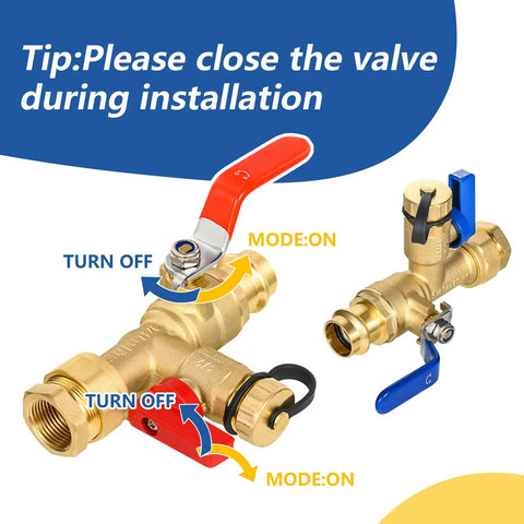 Heavy Duty 3/4 Inch Tankless Water Heater Valve Kit With Pressure Relief Valve And Full Port Ball Valves For Gas Plumbing Lead Free Brass No Sweat Setup Real Deal Performance 20 Pack showing brass valves with on/off modes.