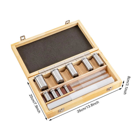 Keyway Broach Kit 18 Piece All In One Set For Pro Grade Metalworking HSS CNC Broaching Tools in wooden case, dimensions shown.