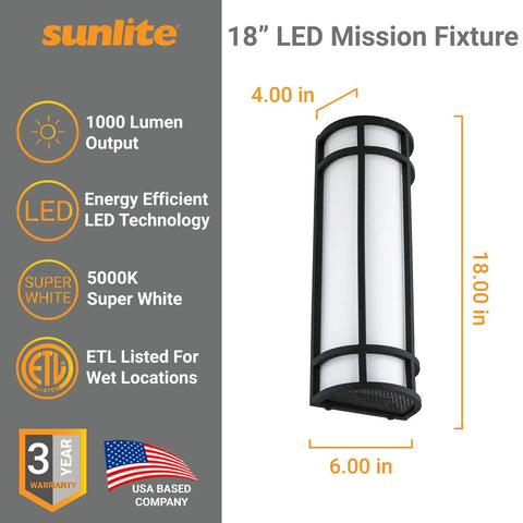 18" LED Mission Style Wall Sconce with black metal frame and white lens, 1000 lumens 5000K 6x4x18 inches ETL listed for wet locations