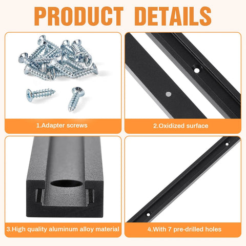 Four Pack 60-Inch Universal T Track Rails with Predrilled Holes, aluminum surface, and adapter screws shown in detail view