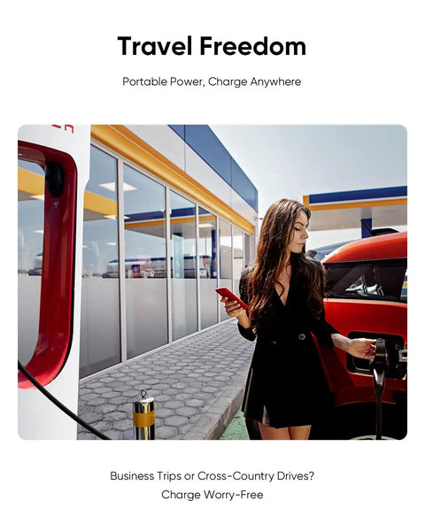 Woman using Heavy Duty NACS To CCS Electric Vehicle Adapter Featuring Killer 500A Max 1000V Fast Charging at charging station.