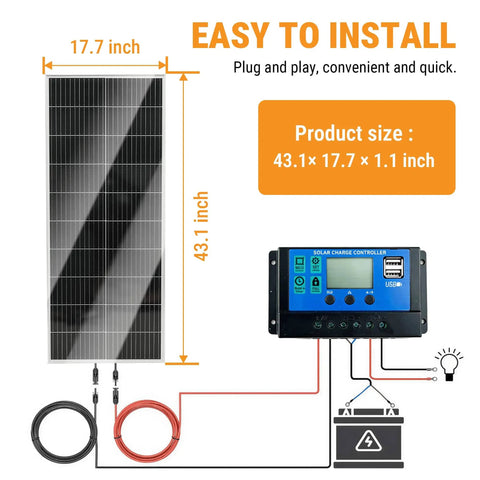 200W Monocrystalline Solar Panel Kit With 12V 24V System showing panel size and wiring diagram with PWM controller
