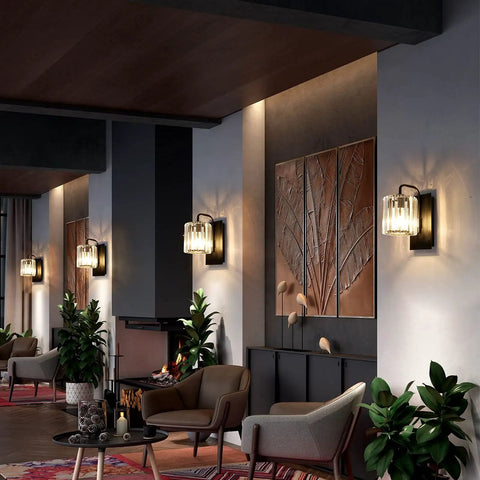 Black Crystal Wall Sconce Light Sleek Modern Indoor Wall Lighting in living room with crystal sparkle and sturdy metal base.