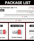 7 Piece Socket Extension Set Quarter Inch Drive With Adapters And U Joint, showing four extensions and three adapters.