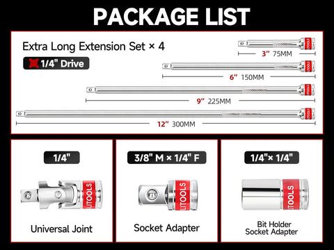 7 Piece Socket Extension Set Quarter Inch Drive With Adapters And U Joint, showing four extensions and three adapters.
