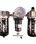 Deluxe One Quarter Inch NPT Filter Regulator Lubricator Trio for air lines up to 150 PSI and 16 SCFM with temperature range 40 to 150 Fahrenheit USA made