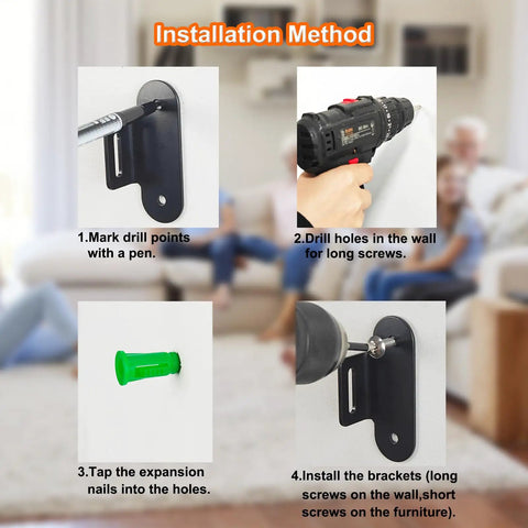 Installation method steps for Heavy Duty Anti Tip Furniture Straps With Adjustable Wall Mount Kit for securing furniture safely.