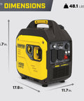 Side view of yellow and black Lightweight 4000 Watt RV Ready Portable Inverter Generator With Quiet Tech, showing dimensions and weight.