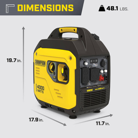 Side view of yellow and black Lightweight 4000 Watt RV Ready Portable Inverter Generator With Quiet Tech, showing dimensions and weight.