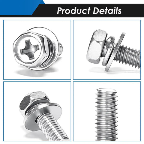 Close-up of 72Pcs Battery Terminal Bolts And Nuts Kit Stainless Steel 304 showing detailed threads and hex bolt head design