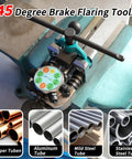 DPTOOL brake line flaring tool kit installed in a vise with blue-green clamp; for copper, aluminum, mild steel, stainless tubing