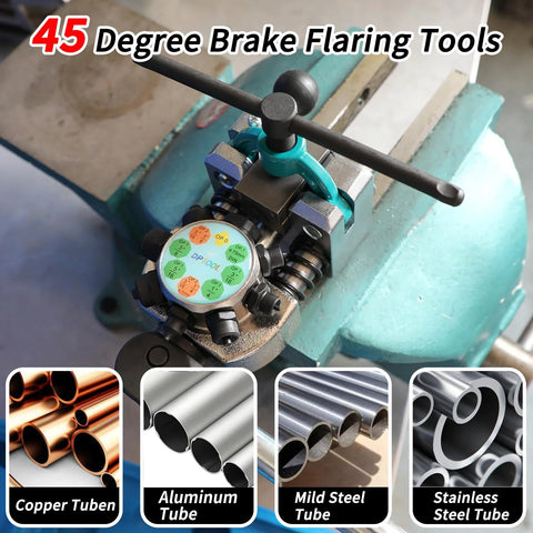 DPTOOL brake line flaring tool kit installed in a vise with blue-green clamp; for copper, aluminum, mild steel, stainless tubing