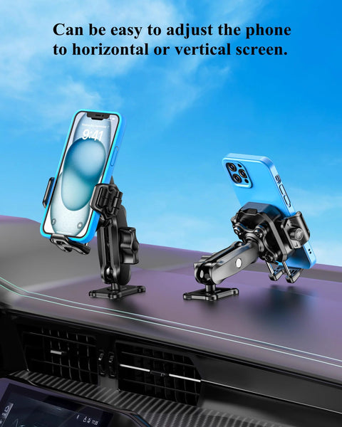 Anti-Theft Phone Mount With Vibration Dampener And 1 Second Lock Release Cam Friendly Aluminum Arm And Square Base For Cars Boats Trucks Motorcycles ATVs UTVs Fits 5.4 To 7.2 Inch Phones Secure Shock Absorbing Grip installed on dashboard, holding phone in horizontal and vertical positions.