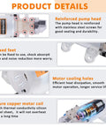 Heavy Duty 110V Electric Wine Transfer Pump With Smart Auto Start Stop Flow Control And Food Grade Filler Gun Plus Rugged PVC Hose For Wine Brew Car Urea And Pantry Oils Zero Fiddle Just Pour product details image showing reinforced pump head, fixed feet, motor cooling holes, and pure copper motor coil.