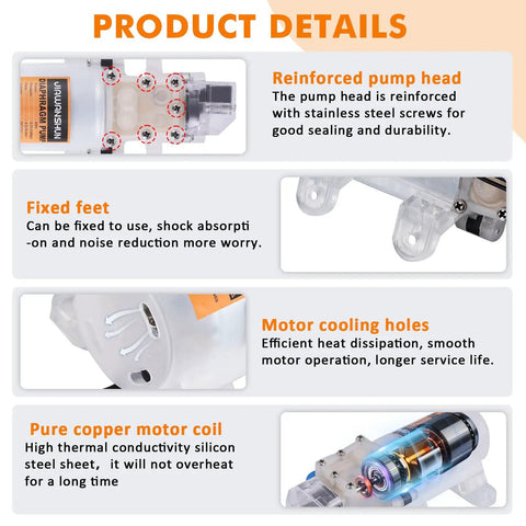 Heavy Duty 110V Electric Wine Transfer Pump With Smart Auto Start Stop Flow Control And Food Grade Filler Gun Plus Rugged PVC Hose For Wine Brew Car Urea And Pantry Oils Zero Fiddle Just Pour product details image showing reinforced pump head, fixed feet, motor cooling holes, and pure copper motor coil.