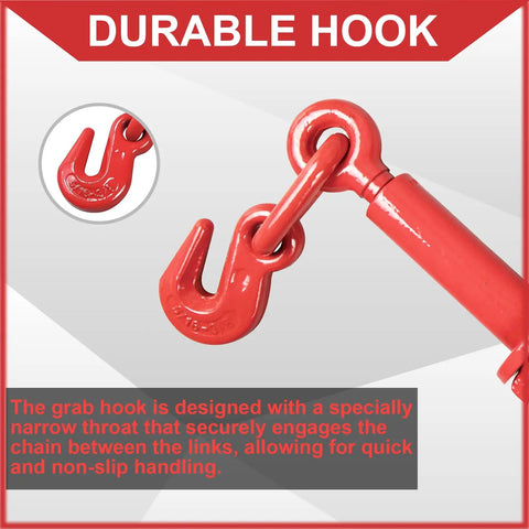 Close-up of heavy duty ratchet load binder with grab hook on red forged steel tie down system for cargo flatbed trailers